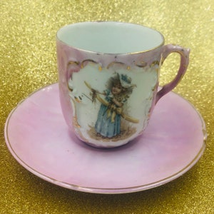 Victorian DEMITASSE cup and Saucer PINK Lusterware Gs4B-850