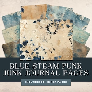 Blue Steam Punk Printable Papers, Vintage Digital Download, Junk Journal Kit, Scrapbooking Ephemera, Retro Templates