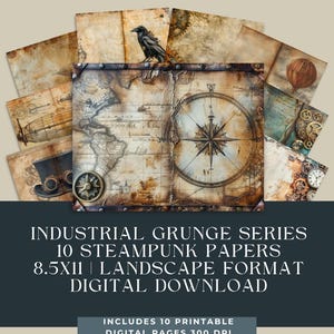 Steampunk Junk Journal Pages  – Printable Industrial Grunge Paper – Vintage Scrapbook Backgrounds – Digital Download