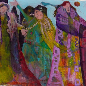 May include: Three women in colorful, patterned robes stand in front of a blue sky. The woman on the left wears a pink and green robe, the woman in the center wears a green and blue robe with a pearl necklace, and the woman on the right wears a purple and pink robe. A red bird flies in the upper right corner of the painting.