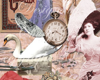 Vintage Lady Magic Slipper Collage' -  Digital Print/Ephemera Junk Journal Cover/Pages