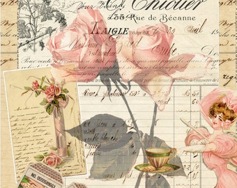 French Rose Receipt Ephemera Collage'