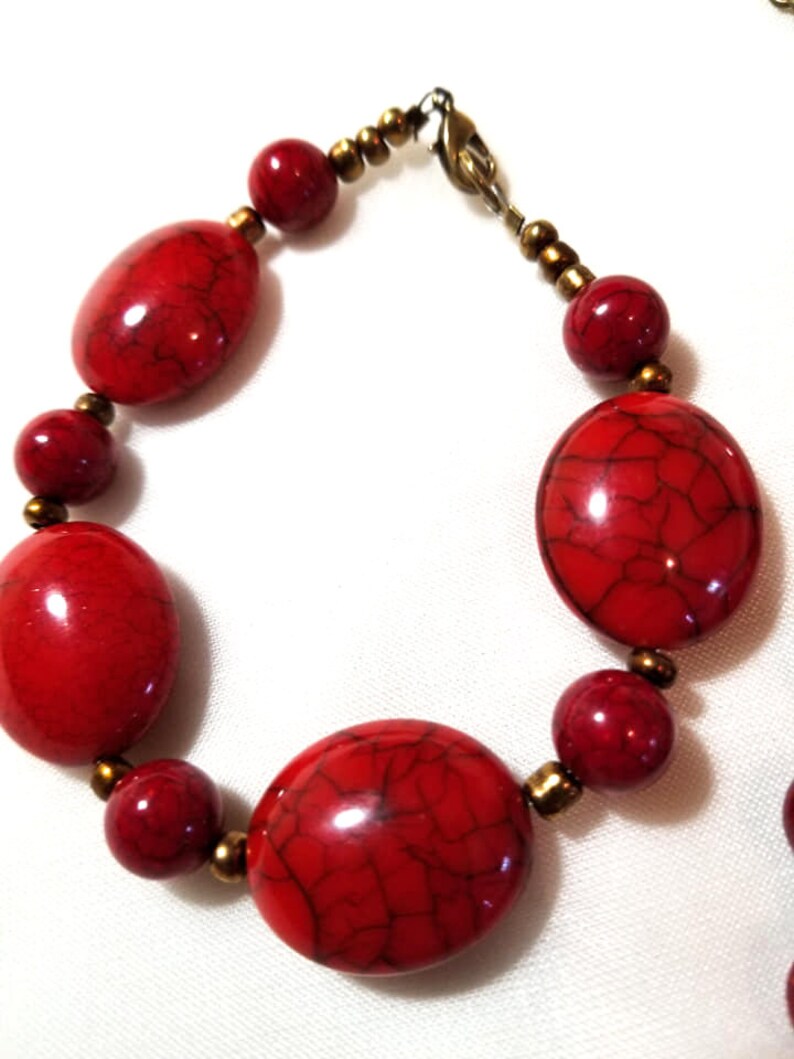 Red Marbled Jewelry Set Beaded Necklace and Bracelet