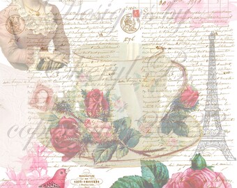 French Roses and Tea Collage" - Digital Print/Ephemera Junk Journal Cover/Pages