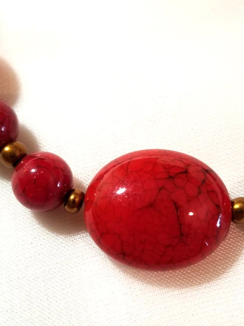 Red Marbled Jewelry Set Beaded Necklace and Bracelet