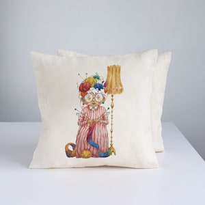 Linen decor pillow  cover, Grandma knitter print