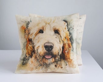Linen décor pillow  cover with Goldendoodle dog print