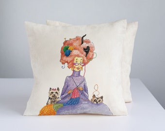 Linen decor pillow  cover, Lady knitter print