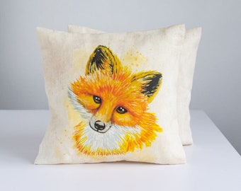 Linen decor pillow  cover, Fox print