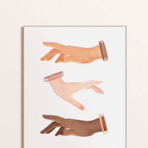 Modern Bohemian Art Print with Multicultural Hand Gesture Illustration, Togetherness, Peace