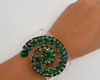 Emerald Green Rhinestone Spiral Cuff Bracelet | Acrylic Statement Jewelry