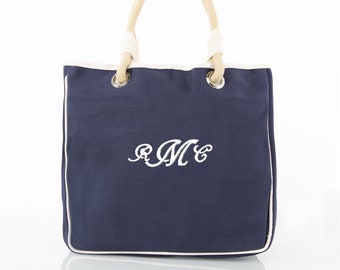 Monogrammed Canvas Rope Tote Bag Bridesmaid Beach Travel Lake Boat