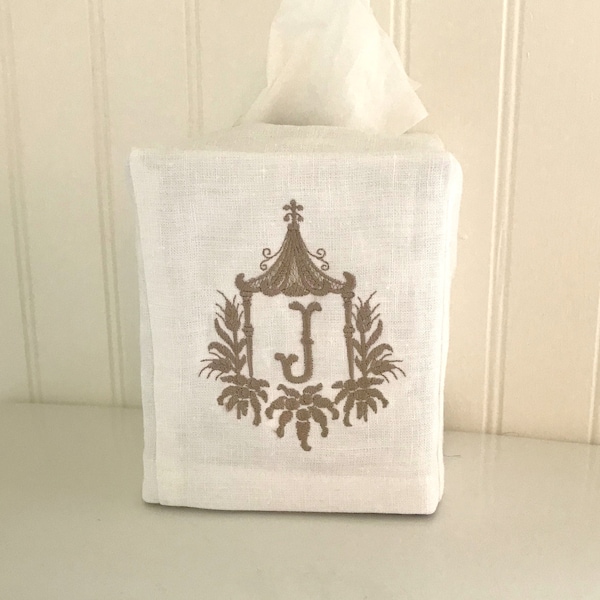 Monogrammed Pagoda Linen Tissue Box Cover Guest Bath Bathroom Decor White Natural