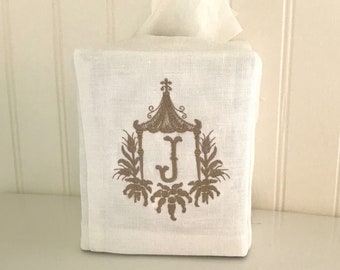 Monogrammed Pagoda Linen Tissue Box Cover Guest Bath Bathroom Decor White Natural