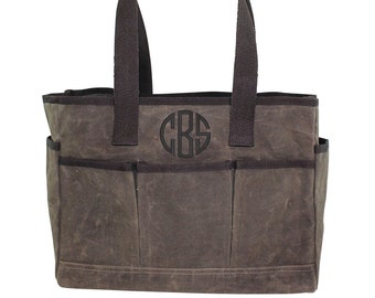 Monogrammed Canvas Utility Garden Tools Tote Bag Waxed Canvas