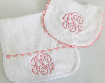 Monogrammed Baby Bib Burp Set Pique Cotton Monogram Shower Gift