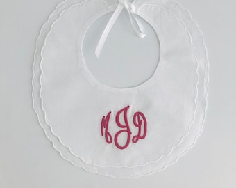 Monogrammed Baby Bib Linen Cotton Monogram Gift Shower Scalloped Edge