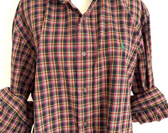 Ralph Lauren Upcycled Plaid Ruffle Collar Shirt – Black Hot Pink Green Yellow Plaid – Preppy Statement Collar Size Large