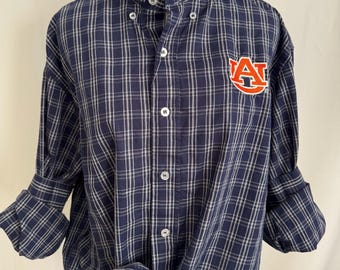 Auburn Upcycled Navy Plaid Ruffle Collar Shirt – Auburn Tigers Game Day Shirt – AU Statement Button Down Size Large