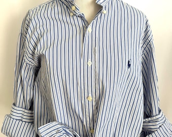 Ralph Lauren Upcycled Blue White & Black Stripe Ruffle Collar Shirt – Preppy Statement Button Down Size Large