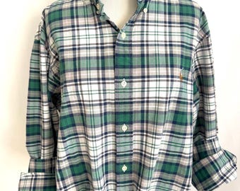 Ralph Lauren Upcycled Green Navy Plaid Ruffle Collar Shirt – Gray & Pink Plaid – Preppy Statement Button Down Size Large