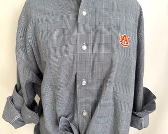 Auburn Upcycled Dark Navy Plaid Ruffle Collar Shirt – Auburn Tigers Game Day Shirt – AU Statement Button Down Size Large