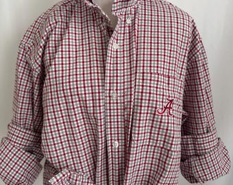 Alabama Game Day Ruffle Collar Shirt – Crimson Gray Plaid Upcycled Button Down Size Large