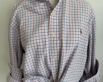 Ralph Lauren Pink Navy & White Plaid Ruffle Collar Shirt – Upcycled Button Down Size Large
