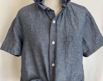 Upcycled Blue Linen Blend Ruffle Collar Shirt | Women’s Size Large