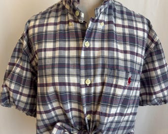 Upcycled Ralph Lauren Polo Navy Plaid Ruffle Collar Shirt | Reworked Polo | One-of-a-Kind M