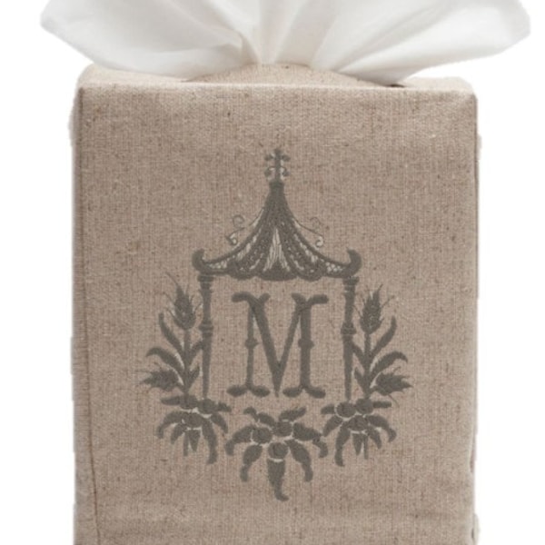 Monogrammed Pagoda Linen Tissue Box Cover Guest Bath Bathroom Decor White Natural Chinoiserie