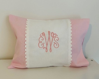 Monogrammed Baby Pillow Nursery Pink Blue White Shower Gift Boudoir Pique