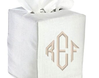 Linen Tissue Box Cover Monogrammed White Natural Bath Monogram