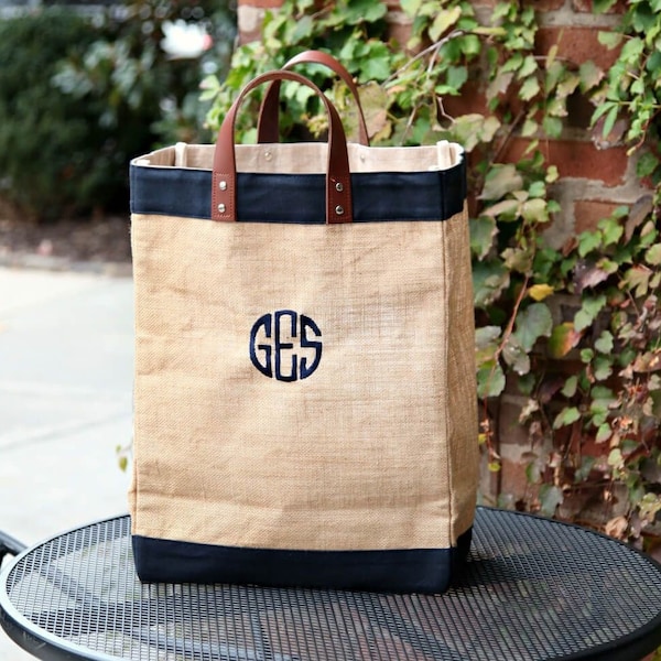 Monogrammed Canvas Jute Grocery Market Tote Bag Monogram