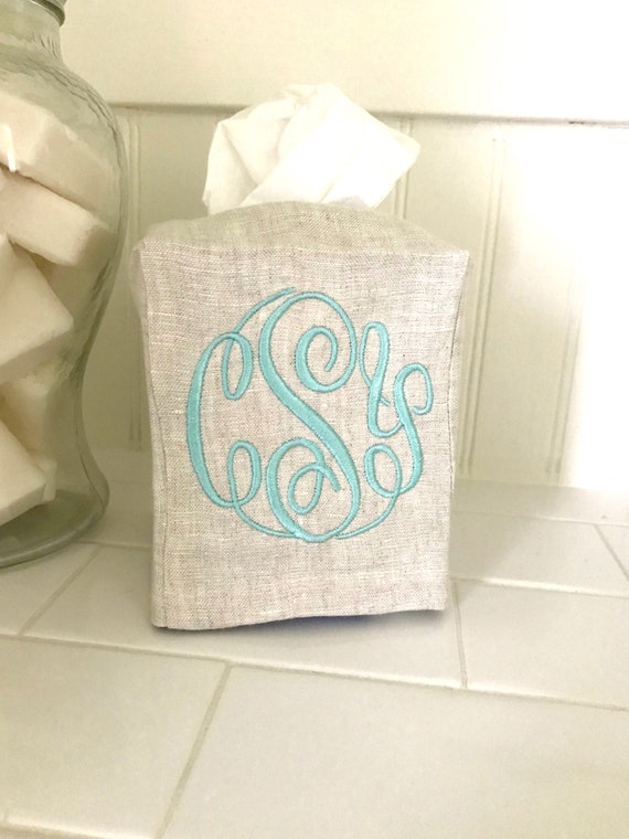 Monogrammed Tissue Box Cover Linen White Natural Bath Monogram