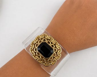Black & Gold Statement Cuff Bracelet | Vintage Brooch Clear Acrylic Cuff | Repurposed Jewelry