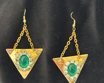 Vintage Green Cabochon Rhinestone Dangle Earrings
