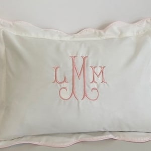 Monogrammed Baby Pillow Nursery Pink Blue White Shower Gift Scallop Boudoir image 2