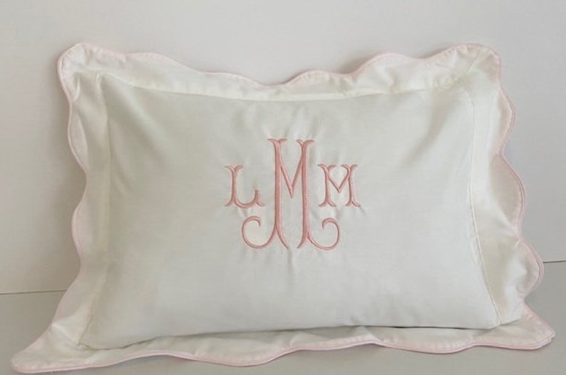 Monogrammed Baby Pillow Nursery Pink Blue White Shower Gift Scallop Boudoir image 2