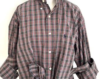 Ralph Lauren Upcycled Plaid Ruffle Collar Shirt – Dark Tartan Button Down – Preppy Statement Collar – Women’s Plaid Shirt XL