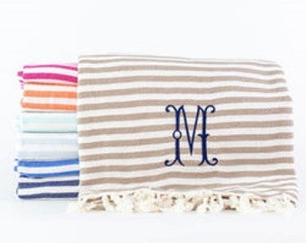 Monogrammed  Turkish Stripe Beach Towel Bath Beach Linen Fringe