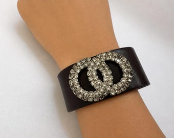 Leather Bracelet with Rhinestone Double Circle | Statement Cuff Bracelet