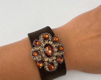 Leather Bracelet with Amber Rhinestones | Statement Cuff Bracelet