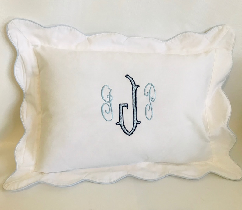 Monogrammed Baby Pillow Nursery Pink Blue White Shower Gift Scallop Boudoir image 6