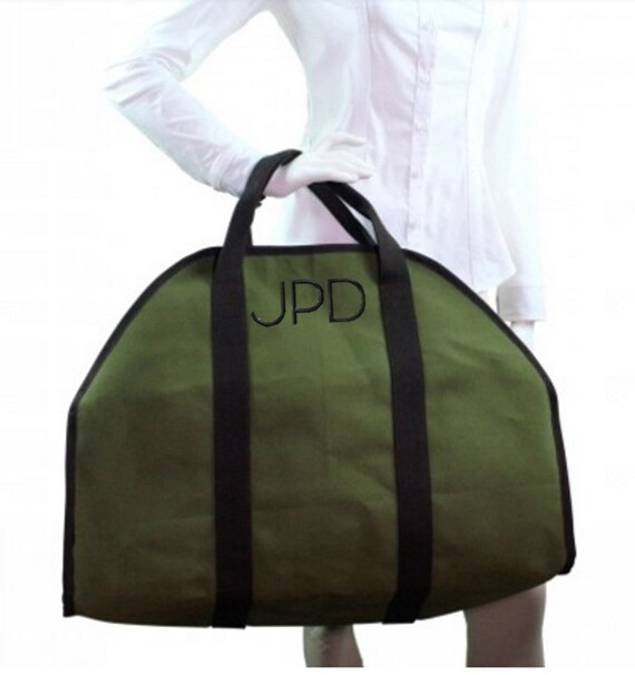 Monogrammed Canvas Log Carrier Tote Bag Utility Cabin Fire Image 0