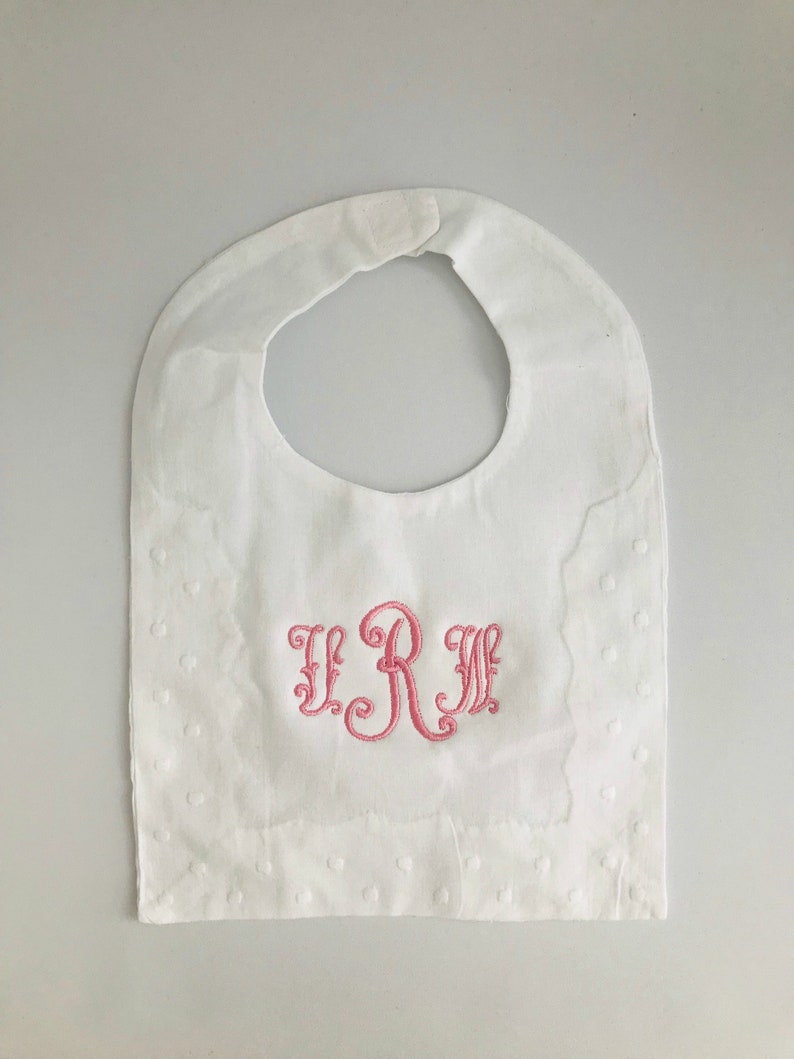 Monogrammed Linen Baby Bib Cotton Dots Pink Blue Monogram Shower Gift