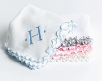 Monogrammed Baby Blanket Receiving Knit Monogram Baby Shower Gift Lettuce Edge