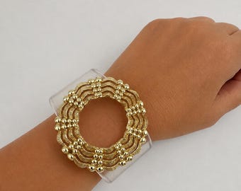 Vintage Gold-Tone Brooch Cuff Bracelet | Clear Acrylic Lucite Statement Jewelry