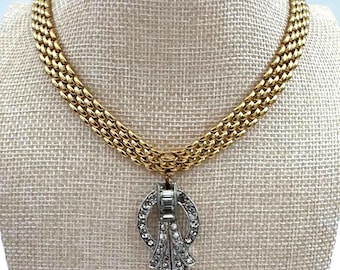 Vintage Rhinestone Clip Pendant Necklace | Gold Tone Chain, Mixed Metal Statement Piece