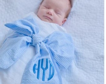 Monogrammed Seersucker Baby Infant Newborn Bow Sash